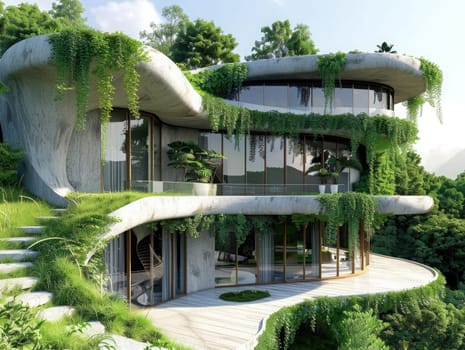 A contemporary house blends seamlessly into the landscape, featuring large glass windows, curved concrete architecture, and abundant greenery enveloping the structure.