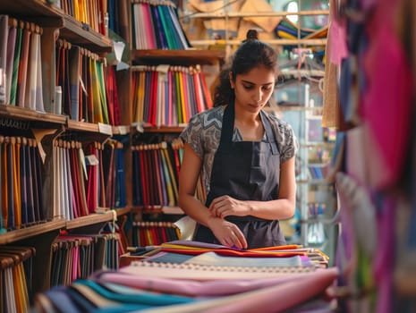 Inside a busy arts and crafts store, a young woman in an apron carefully sorts through various colorful sheets of craft paper, showcasing her attention to detail and creativity.
