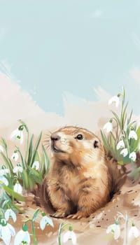 A delightful groundhog day card featuring a baby groundhog emerging from its burrow, surrounded by snowdrops and early spring flowers. the soft blue sky background offers ample space for a cheerful greeting.