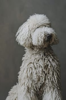 Capture the distinct appearance of a komondor dog, showcasing its corded coat against a subtle, minimalist background. ideal for use in designs emphasizing unique canine features and elegance.