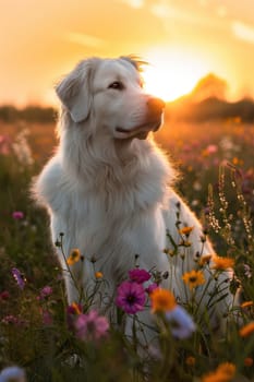 A serene akbash dog sits gracefully in a vibrant wildflower field as the golden sun sets in the background. the dog's white coat contrasts beautifully with the vivid colors of the flowers, creating a peaceful and picturesque scene.