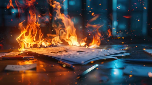 A contract consumed by flames on a desk, representing the risks of failed business deals and negotiations. vivid flames and dramatic lighting enhance the tension and urgency of the scene, creating a powerful visual impact.