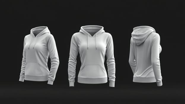 Four views of a female mannequin wearing a blank white hoodie, perfect for showcasing your apparel designs. The mannequin has her hair tied up in two buns