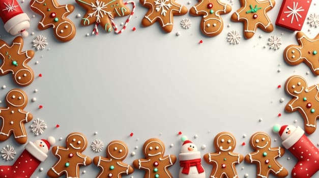 Christmas gingerbread cookies and candy canes making a frame with copy space on a light background