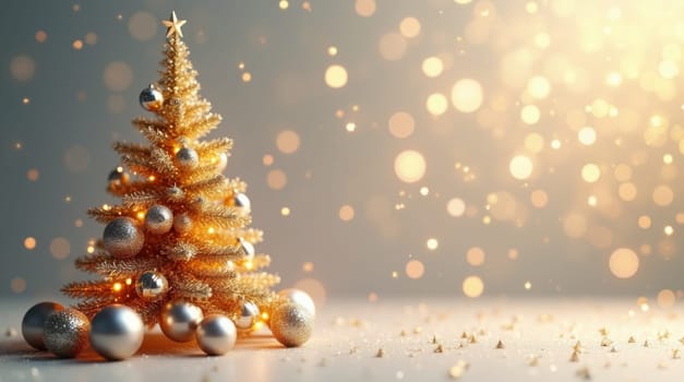 Golden christmas tree with silver ornaments is sparkling on a shiny light background