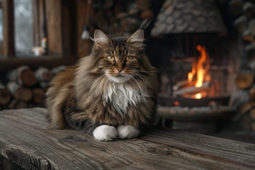 A norwegian forest cat poses majestically on a rustic wooden table within a warm cabin. its thick fur and intense gaze add to the cozy ambiance, enhanced by the soft glow of a crackling fireplace in the background.