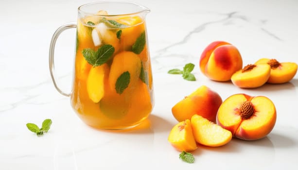 Pitcher of peach iced tea is surrounded by fresh peaches and mint leaves