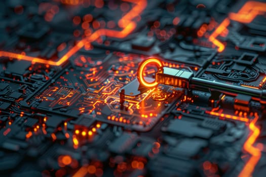 A glowing key and intricate digital lock symbolize the breakthrough in technology and innovation. the photorealistic image features sharp lighting on a detailed, futuristic circuit board, security and solutions.