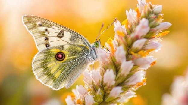 Beautiful butterfly with white and brown patterned wings is perched on a flower with delicate pink petals