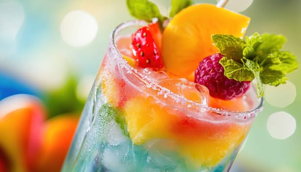 Glass filled with ice, peaches, strawberries and mint is sparkling in the sunlight on a hot summer day