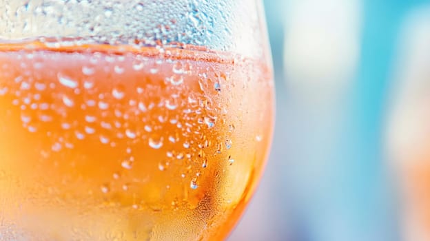 Close-up of condensation on cold glass of lemonade with lemon slices refreshing summer drink
