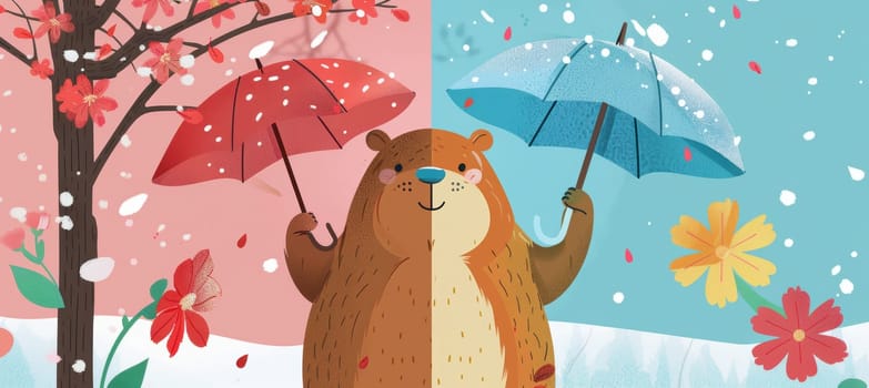 Whimsical illustration featuring a groundhog holding an umbrella in a split weather scene. one side depicts winter with snow, while the other showcases spring with blossoms, symbolizing the change of seasons.
