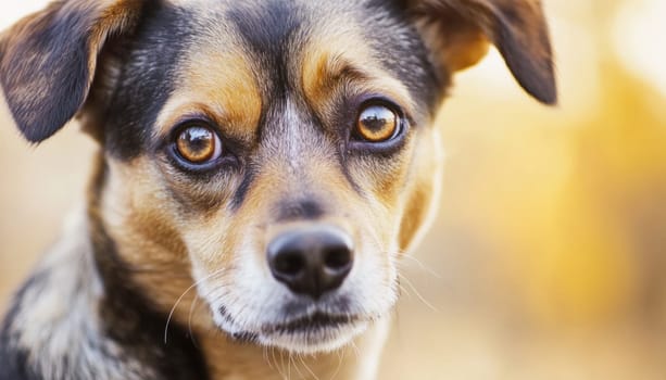 Brown and black dog with amber eyes looking away from the camera