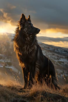 A belgian sheepdog stands confidently on a hilltop, its thick coat flowing in the wind. the dramatic lighting and mountainous backdrop enhance the scene's majestic and dynamic quality, ideal for artistic use.