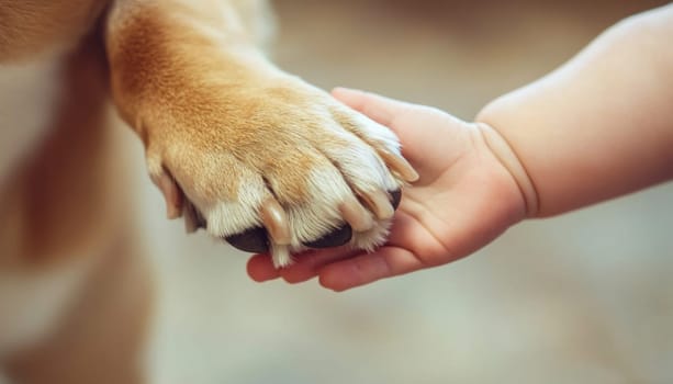 Baby and a golden retriever puppy are gently holding paws, showcasing the special bond between humans and animals
