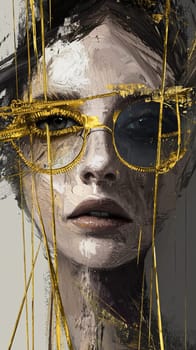 Stunning woman with intricate gold paint on her face wears chic round sunglasses, exuding luxury and glamour