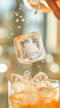 Ice cube falling into a glass with a refreshing cocktail, creating splashes against a blurred background