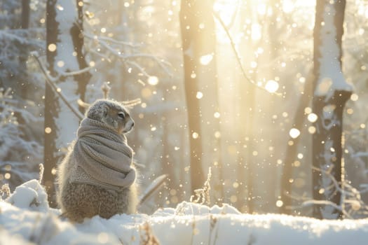 A groundhog bundled in a scarf sits in a serene snowy forest as sunlight glimmers through the trees. the soft, wintry scene offers space for text at the bottom, perfect for seasonal greeting cards.