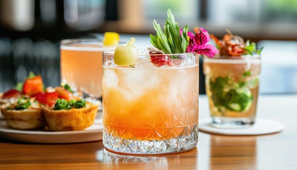 Refreshing cocktail with ice, strawberry and herbs on a bar counter with delicious appetizers in the background