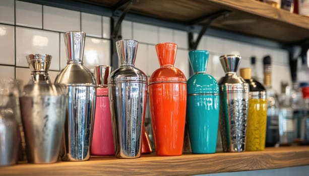 Colorful cocktail shakers are lined up on a bar shelf