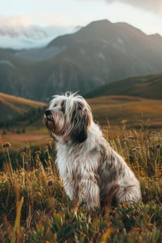 Polish lowland sheepdog stands with a sturdy posture in a lush grassy field. dramatic mountain range backdrop complements its shaggy coat, embodying strength and tranquility in nature's grandeur.