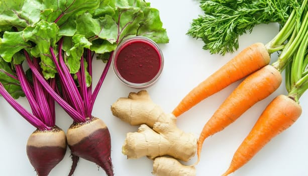Freshly harvested and washed carrots, beetroots with leaves and ginger roots are lying on white background