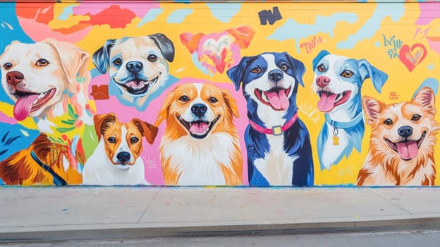Vibrant and playful street art mural featuring a group of happy and colorful dogs