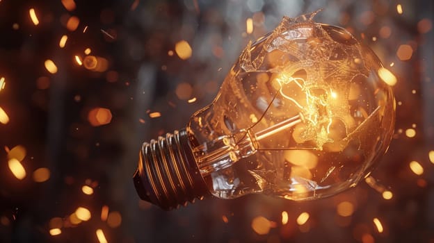 A high-detail image of a light bulb breaking open, illuminating the scene with a burst of glowing ideas. the shattered glass symbolizes the unleashing of creativity and innovation vital for business concepts and development.
