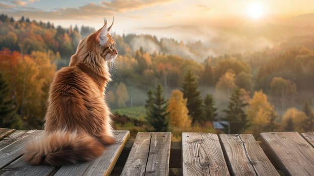 A regal maine coon cat sits on a rustic wooden deck, overlooking a misty forest landscape at sunrise. the scene exudes tranquility, making it ideal for outdoor pet product advertising or natural setting decor.