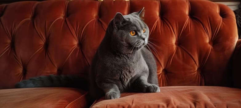 British shorthair cat with striking amber eyes lounges on a plush, gray fur-lined velvet couch. surrounded by a luxurious interior, the cat's sophisticated presence enhances the cozy, elegant atmosphere.