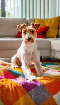 Wire fox terrier with a wiry coat sits attentively on a vibrant blanket, surrounded by a bright and modern living room. natural light enhances the dog's curious expression, creating an inviting and lively atmosphere.