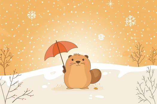 Charming groundhog day card featuring a cute cartoon groundhog holding a tiny umbrella amidst snowflakes and sunshine. the warm color palette and whimsical design provide space for personalized text or messaging.