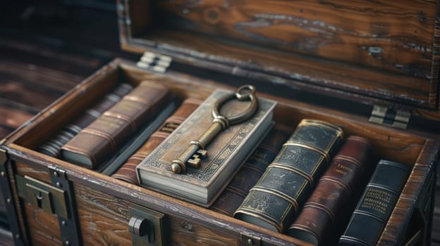 A treasure chest filled with vintage books and a large key symbolizes the value of knowledge in achieving business success. the high-detail textures and photorealistic style highlight the theme of learning.