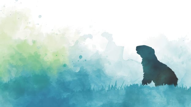 A minimalist groundhog day card featuring a silhouette of a groundhog on a watercolor background. the design elegantly transitions from icy blue winter hues to vibrant green spring tones, creating a serene and symbolic representation of seasonal change.