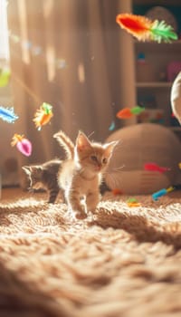 Kittens energetically chase vibrant feather toys across a cream-colored carpet in a sunlit room, creating a lively atmosphere. ideal for showcasing pet toys or depicting playful, carefree moments with pets.