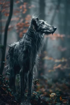 Majestic scottish deerhound stands gracefully in a misty forest, showcasing its long, rough coat. the diffused light accentuates the serene, mystical atmosphere, making it perfect for nature-inspired themes and designs.