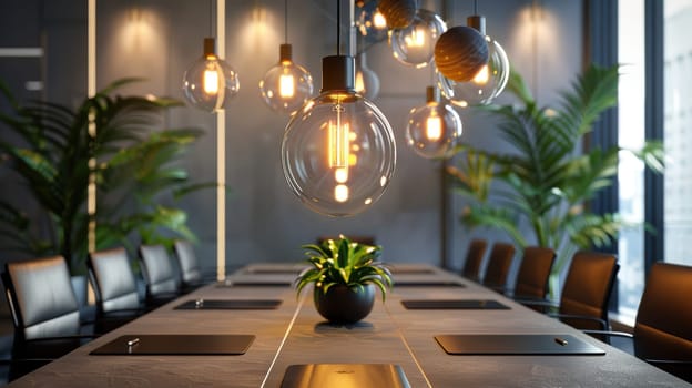 Modern conference room featuring unique light bulbs resembling miniature planets, symbolizing innovative and world-changing ideas. the setting is clean and sophisticated, enhanced by photorealistic textures and greenery.