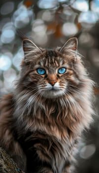 Majestic persian cat with a luxurious coat and striking blue eyes, set against a softly blurred background. the focus highlights the cat's beautiful fur and captivating expression, ideal for pet photography.