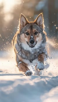 Swedish vallhund exhibits dynamic motion in a snowy landscape, its short legs and thick coat. the dog's joyful expression enhances the winter scene, capturing the essence of playful freedom.