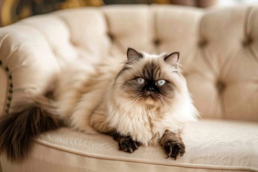 A fluffy himalayan cat lounges on a plush, cream-colored couch in a sophisticated home setting, bathed in warm natural light. the elegant and cozy atmosphere highlights high-end pet-friendly interior design.