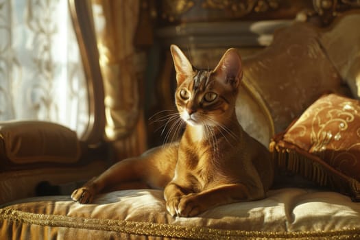 Sleek abyssinian cat lounging gracefully on an opulent velvet armchair in a richly decorated living room. warm natural light highlights the feline’s sharp features, enhancing the ambiance of luxury and tranquility.