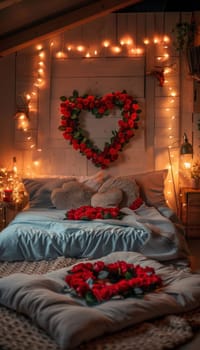 Romantic bedroom with a heart-shaped rose arrangement and warm ambient lighting, perfect for valentine's day ambiance. ideal for promoting romantic getaways and themed decor.