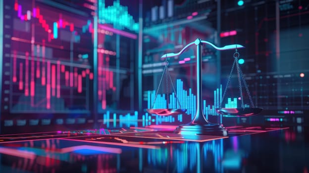 Digital scales represent data balance for business decisions, featuring vibrant, photorealistic charts and graphs. the scene illustrates the harmony between analytics and decision-making in a visually captivating manner.