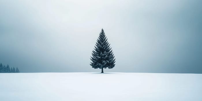 Serene minimalist winter scene with lone pine tree in snowy landscape.