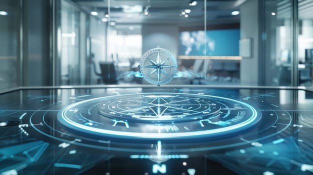 A digital compass displayed on a touchscreen in a contemporary office setting, representing forward-thinking leadership and innovation in technology-driven business environments. features sharp, clean photorealism with bright lighting.
