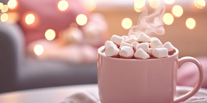 Cozy winter warmth. Steaming hot chocolate mug with marshmallows.