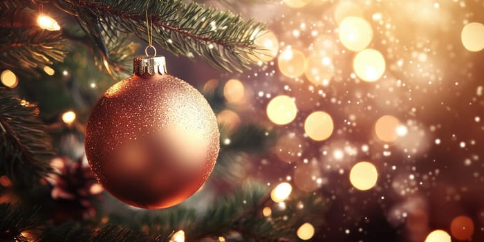 Christmas ornament on tree branch with festive lights and bokeh for holiday decoration.
