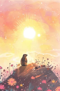 Groundhog day card illustration featuring a groundhog on a hill under a vivid sunrise. the scene uses soft pastel tones with scattered flowers, providing ample space for text placement at the top, perfect for seasonal greetings.