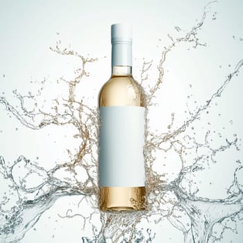 Pink gin bottle is standing in water with red ribbons flying around it and water splashing. The background is light grey