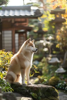 Akita inu stands with dignity in a peaceful japanese garden, highlighted by soft lighting. its thick coat and poised posture add elegance, surrounded by traditional architecture and lush greenery.